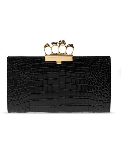 Alexander McQueen Four-ring Croc-embossed Leather Clutch - Black