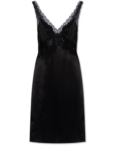Saint Laurent Floral Lace-trim Silk-satin Slip Dress - Black