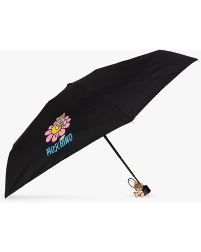 Moschino Folding Umbrella With Logo, - Black