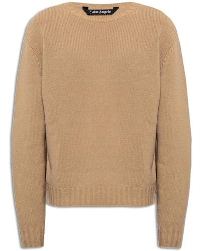 Palm Angels Wool Sweater With Logo, ' - Natural