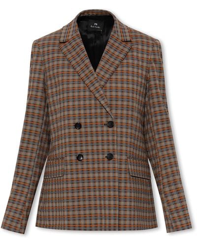 PS by Paul Smith Double-Breasted Blazer With Check Pattern - Brown