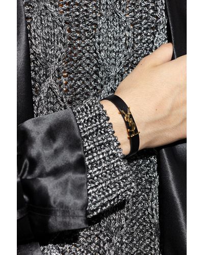 Saint Laurent Leather Bracelet With Logo, - Black