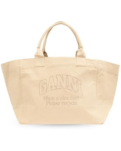 Ganni Shopper Bag With Logo, - Natural