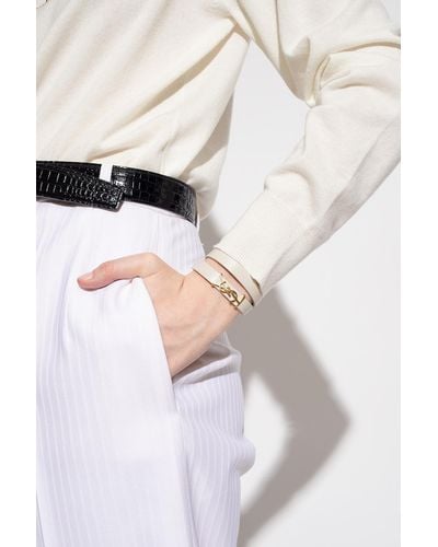 Saint Laurent Leather Bracelet With Logo, - Natural