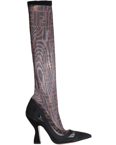 Fendi Knee Boots With Sheer Mesh Sock - Black