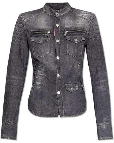 DSquared² Denim Shirt With Standing Collar, - Grey
