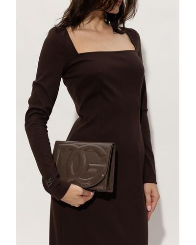 Dolce & Gabbana Leather Shoulder Bag With Logo - Brown