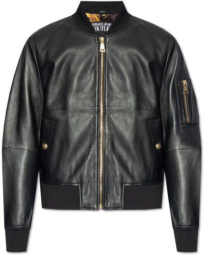 Versace Leather Bomber Jacket, - Black