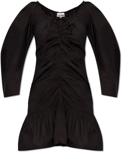 Ganni Mini Poplin Dress With Curved Sleeves - Black