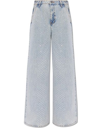 Blue B Women's Blowing Your Mind Slit-Front Wide Leg Rhinestone Jeans in Light Wash - Size L