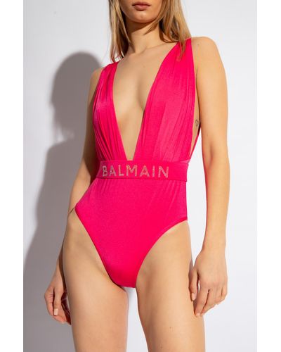 Balmain One-Piece Swimsuit With Logo - Pink