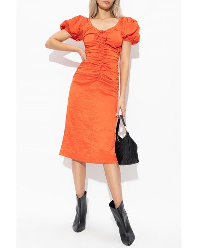 Ganni Dress With Puff Sleeves - Orange