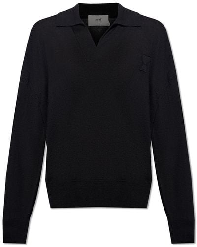 Ami Paris Wool Polo Shirt, - Black