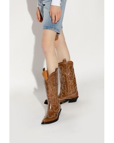 Ganni Mid Shaft Embroidered Tan Western Boot - Brown