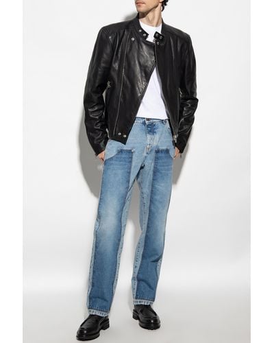 Balmain Leather Jacket With Stand Collar - Black