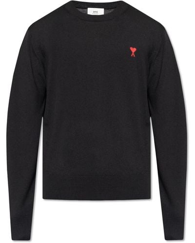 Ami Paris Wool Sweater With Logo - Black