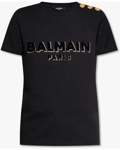 Balmain 3 Button Logo Mettalic Flock T-shirt In Black/gold