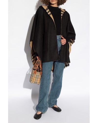 Burberry Cashmere Poncho With Hood, - Black