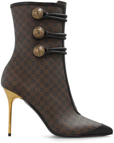 Balmain Monogrammed Heeled Ankle Boots - Brown