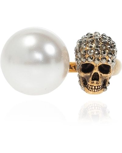 Alexander McQueen Faux Pearl And Skull Ring - Metallic