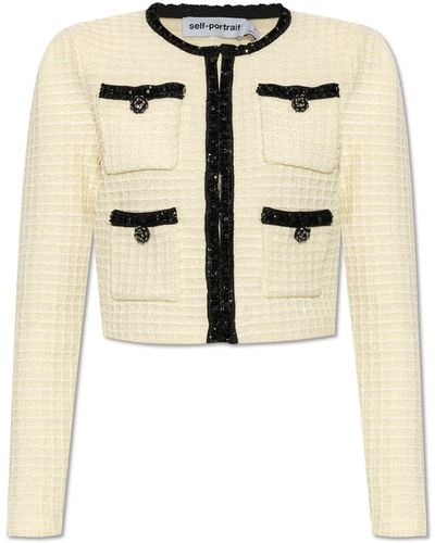 Self-Portrait Cropped Cardigan, - Natural