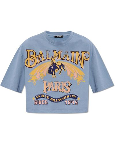 Balmain Cropped T-shirt With Logo, - Blue