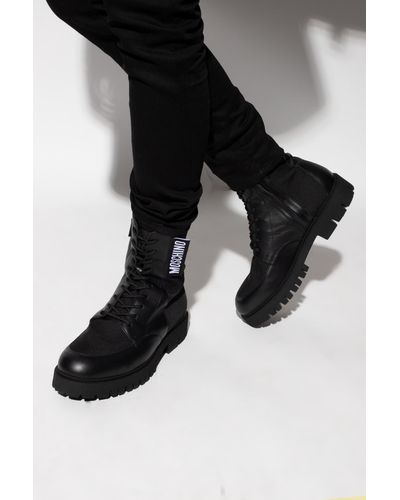 Moschino Leather Boots With Logo - Black