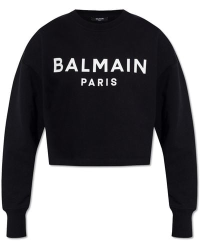 Balmain Cropped Sweatshirt With Flocked Logo - Black
