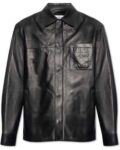 Loewe Logo-embossed Distressed Leather Jacket - Black