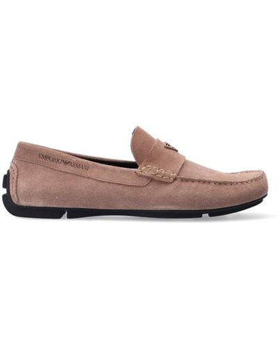 Emporio Armani Leather Moccasins With Logo - Natural