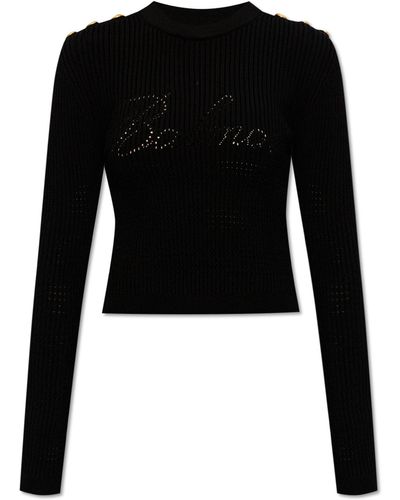 Balmain Ribbed Sweater With Logo, - Black