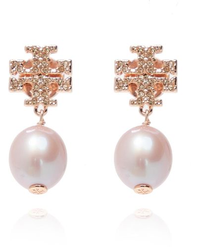 Tory Burch Goldtone, Crystal & Faux-pearl Logo Drop Earrings - Multicolour