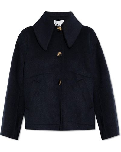 Ganni Wool-blend Wide-collar Coat - Blue