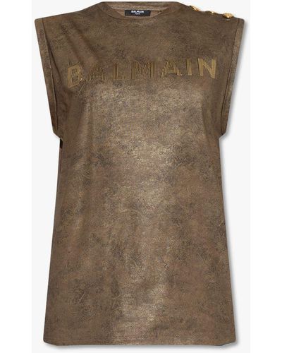Balmain Green Sleeveless T-shirt - Brown