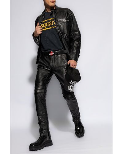 DSquared² Leather Jacket With Stand Collar, - Black