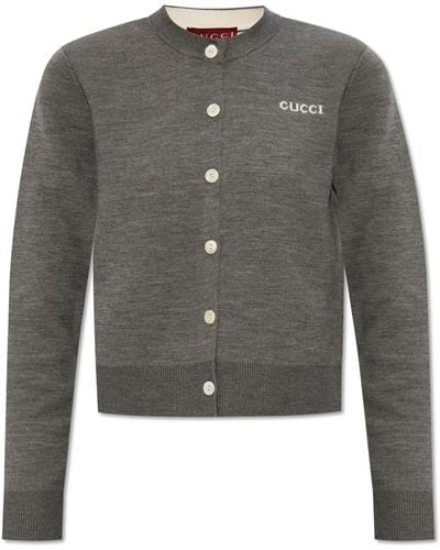Gucci Cardigan With Logo, - Grey