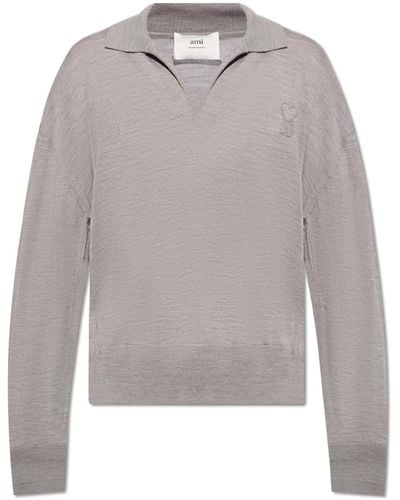 Ami Paris Wool Polo Shirt, - Grey
