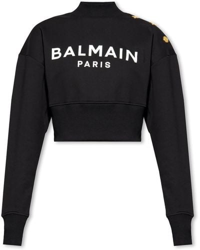 Balmain Cropped Sweatshirt With Logo Print And Buttons - Black