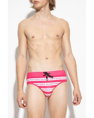 Balmain Logo Striped Drawstring Swimming Brief - Pink