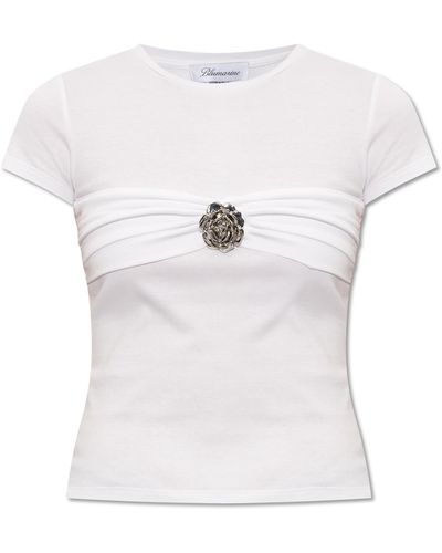 Blumarine T-shirt With Rose Brooch, - White