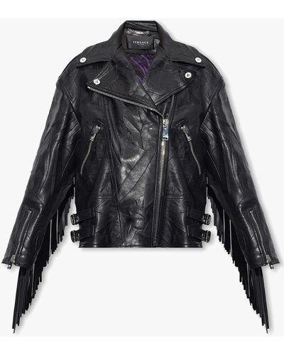 Versace Black Leather Jacket With Fringes