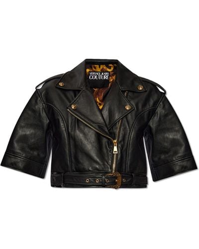 Versace Leather Jacket With Short Sleeves - Black