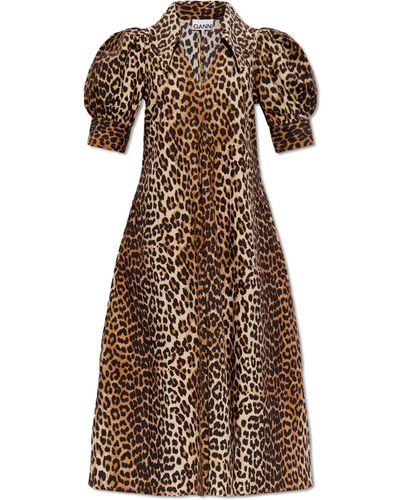 Ganni Dress With Animal Motif, - Brown