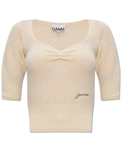 Ganni Top With Logo, - Natural