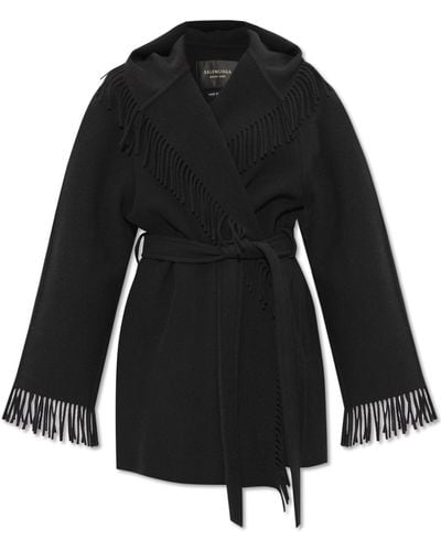 Balenciaga Woollen Coat With Fringes - Black