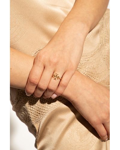 Tory Burch 'eleanor' Ring With Logo, - Metallic