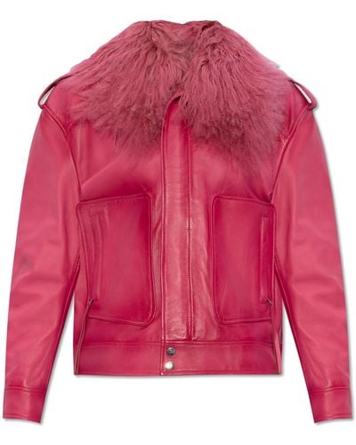Blumarine Leather Jacket With Fur Collar, - Pink