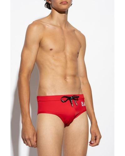 Balmain Swimming Briefs With Logo - Red
