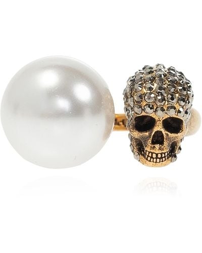 Alexander McQueen Faux Pearl And Skull Ring - Metallic