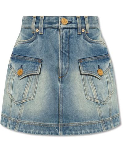 Balmain Mini Denim Skirt With Vintage Effect, - Blue